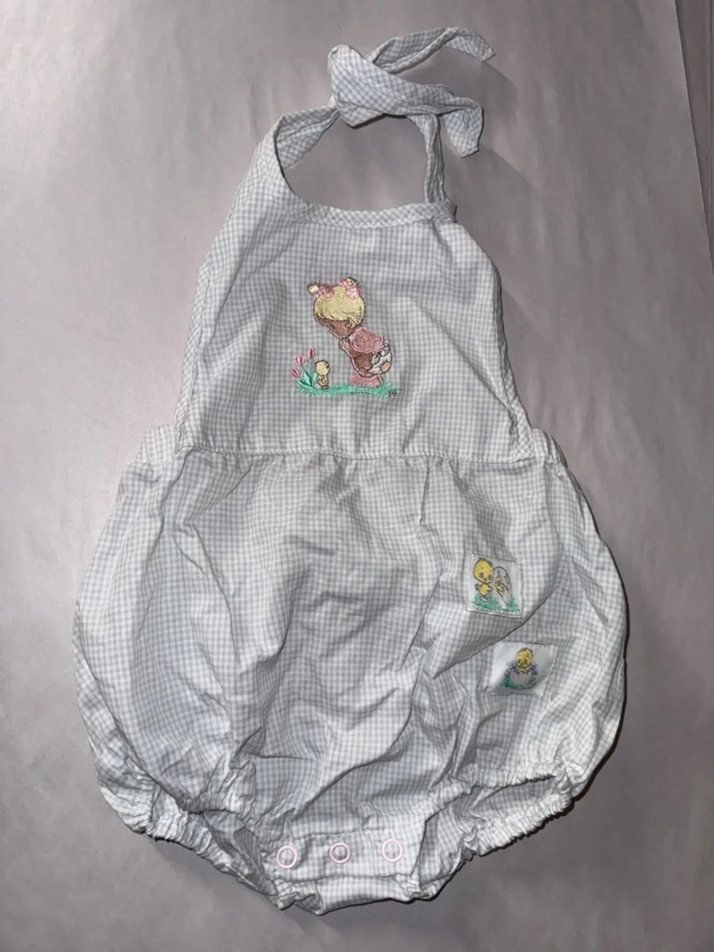 Precious moments vintage 2001 gingham check embroidered  halter baby romper